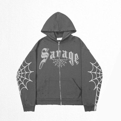 Savage Spider Web Gothic Cross Zip Up Hoodie