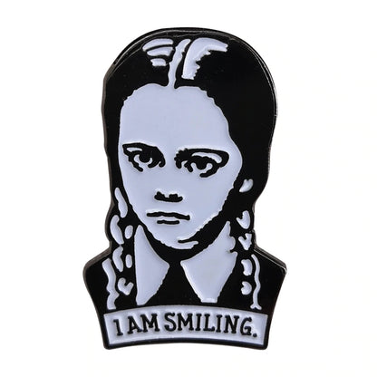 Wednesday Addams Family goth gothic enamel pin Charles Addams Creepy Smiling girl with braids badge jewelry Punk brooch