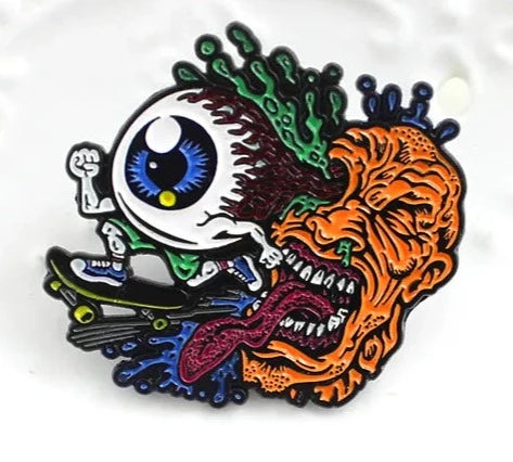 Santa Cruz Style Exploding Skateboarding Eyeball Guy Enamel Pin