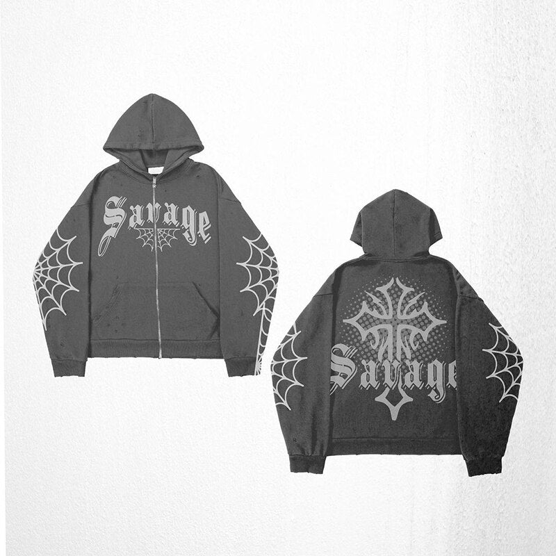 Savage Spider Web Gothic Cross Zip Up Hoodie