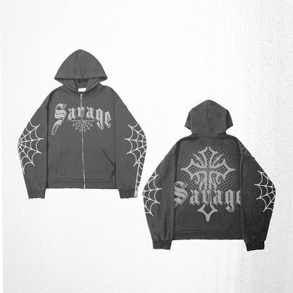 Savage Spider Web Gothic Cross Zip Up Hoodie