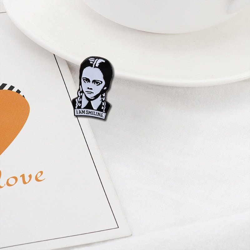 Wednesday Addams Family goth gothic enamel pin Charles Addams Creepy Smiling girl with braids badge jewelry Punk brooch