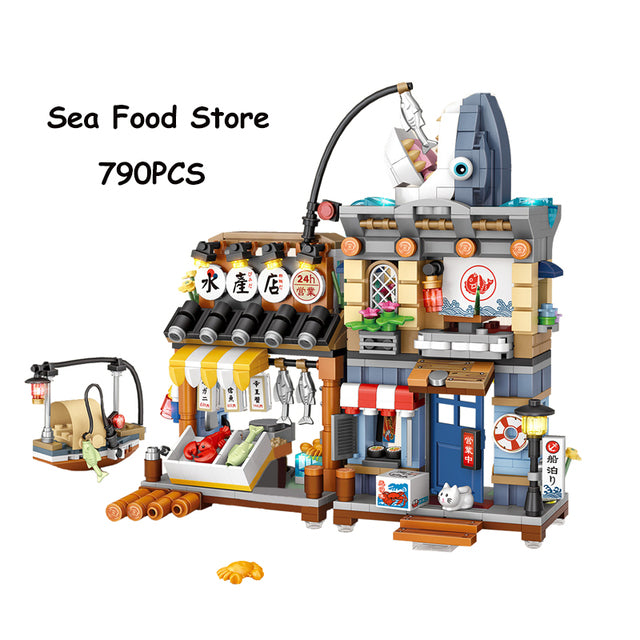 New LOZ Creative Sea Fish Food House Model Building Block MOC Retail Store With Figure Dolls Bricks Sets Boys Toys Kids Gifts