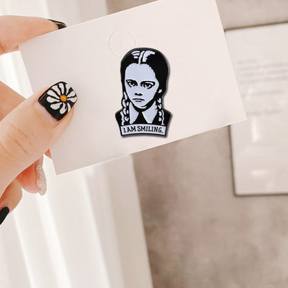 Wednesday Addams Family goth gothic enamel pin Charles Addams Creepy Smiling girl with braids badge jewelry Punk brooch