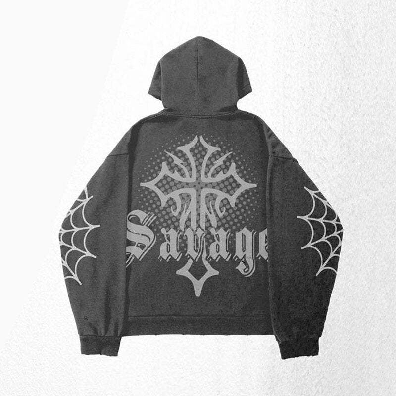 Savage Spider Web Gothic Cross Zip Up Hoodie